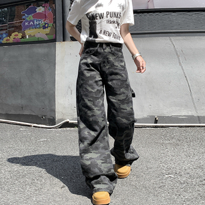 美式复古迷彩阔腿牛仔裤男女秋季新款宽松直筒拖地裤子YD6601-P45