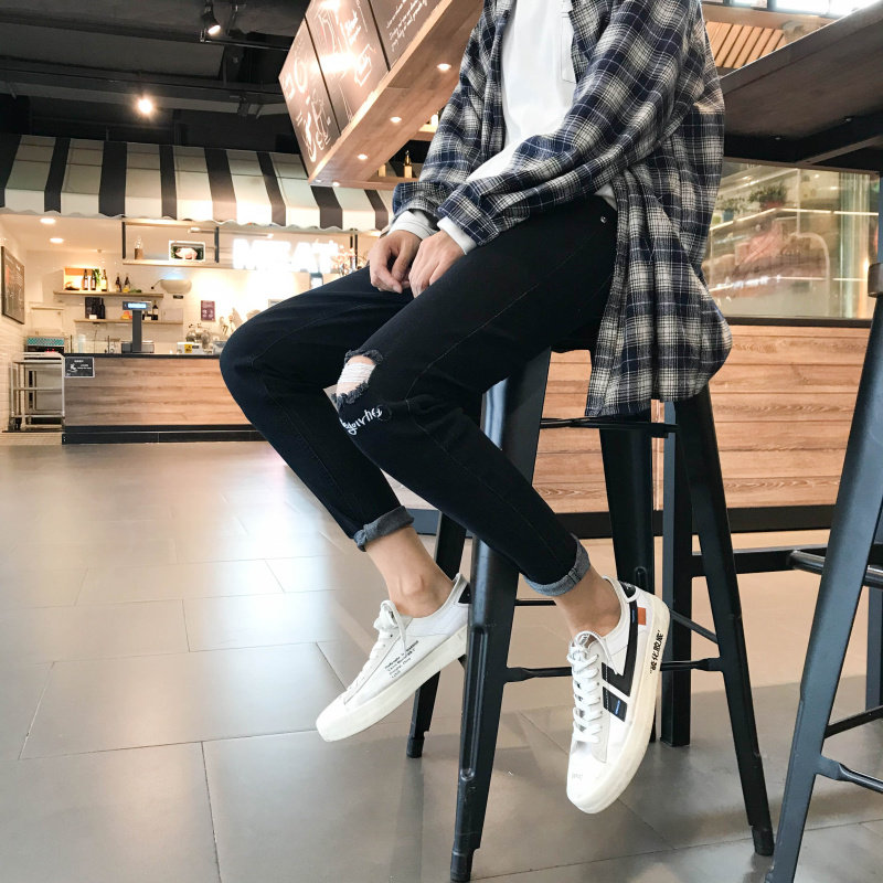 秋季新品韩版潮流修身男士九分小脚裤破洞乞丐牛仔9分裤子图片