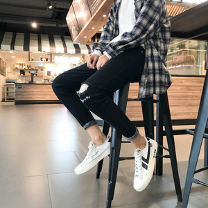 秋季新品韩版潮流修身男士九分小脚裤破洞乞丐牛仔9分裤子图片
