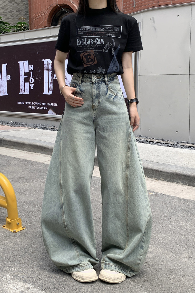 美式做旧弯刀牛仔裤2026秋冬新款水洗宽松阔腿拖地裤YD9003-P65,男装牛仔裤,星座509