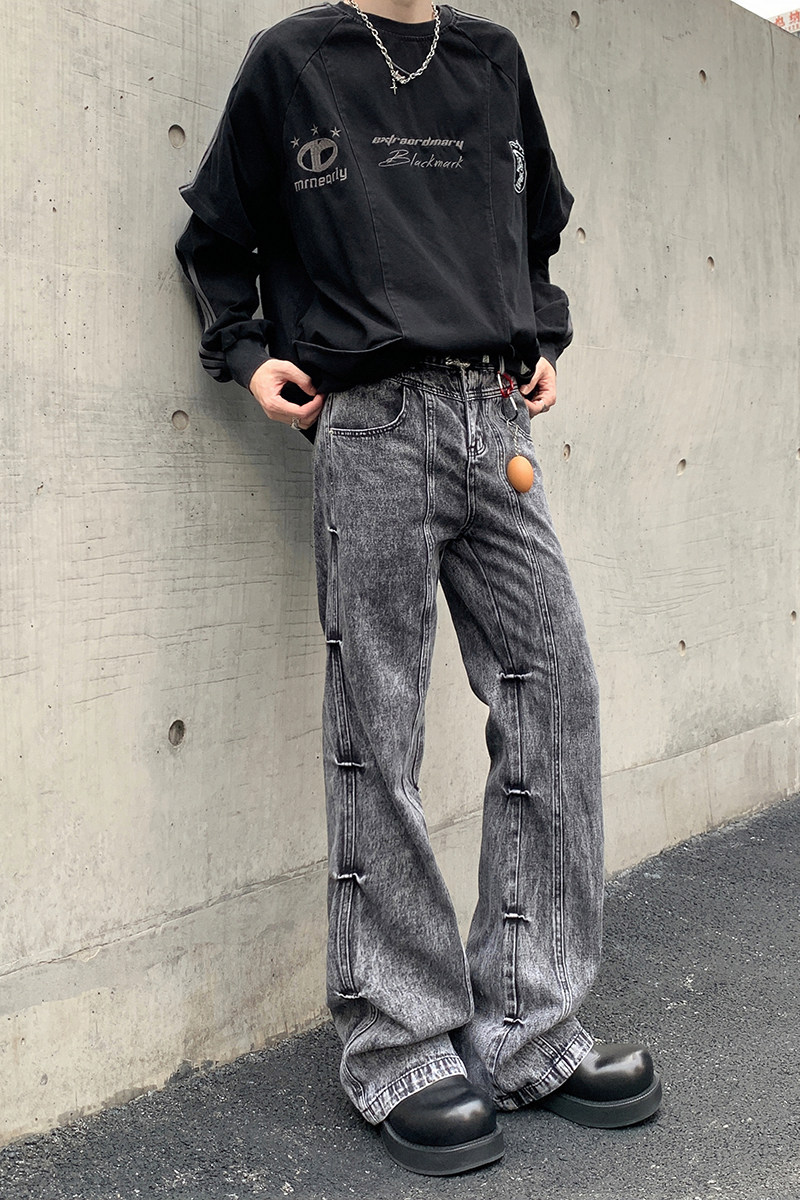 潮牌设计感褶皱牛仔裤男美式街头高街宽松微喇叭阔腿裤YA125-P50,男装牛仔裤,星座509