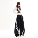 藏青三条杆撞色运动卫裤男女春季宽松松弛感阔腿弯刀裤YD9096-P65，男装休闲裤，星座509