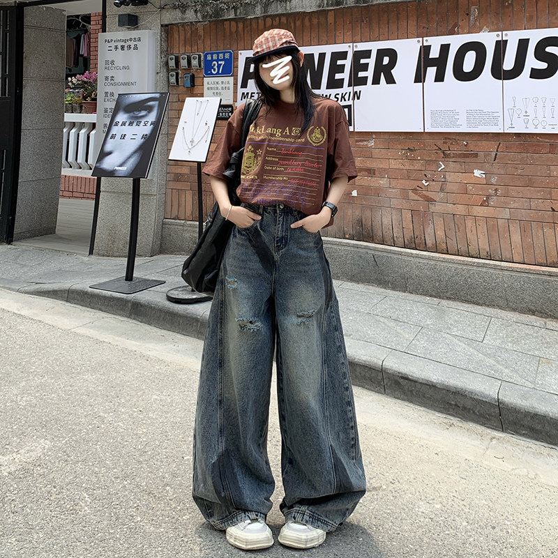 高街vibe泼墨弯刀牛仔裤男女秋季宽松破洞美式阔腿长裤YD9005-P70,男装牛仔裤,星座509