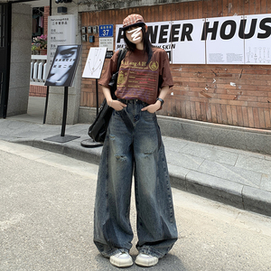 高街vibe泼墨弯刀牛仔裤男女秋季宽松破洞美式阔腿长裤YD9005-P70
