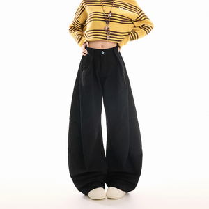 黑色拉链设计弯刀阔腿工装裤男女宽松直筒裤百搭长裤子YD9074-P80，男装工装外套，星座509