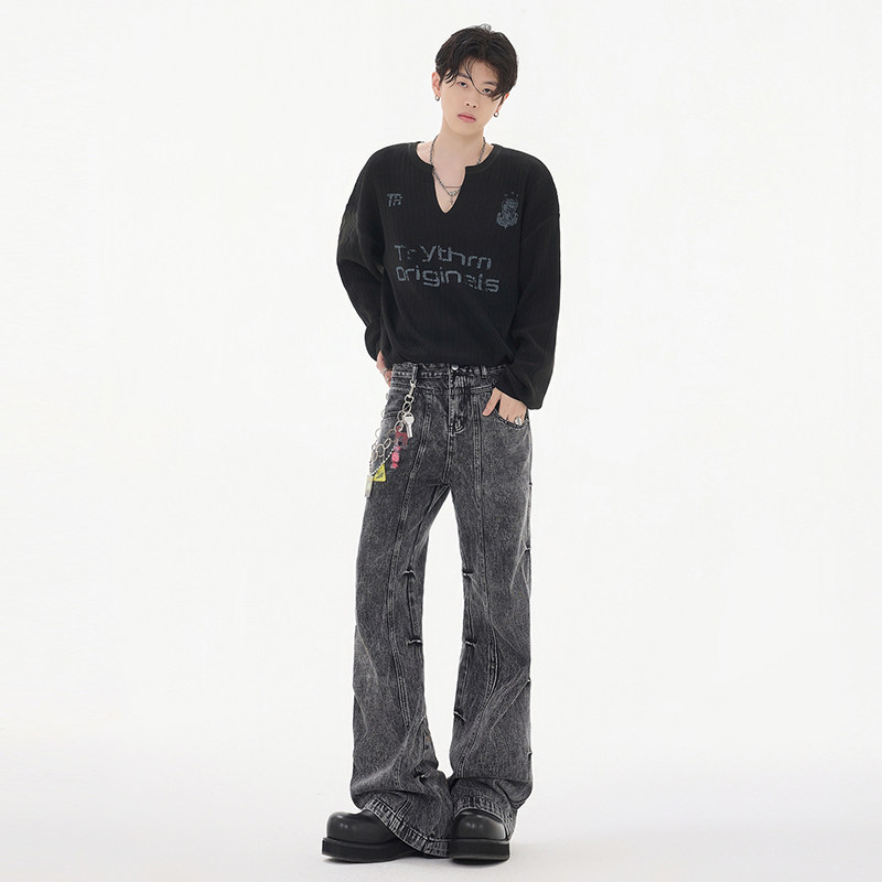秋冬CleanFit美式复古皱褶牛仔裤高街潮牌拼接微喇直筒YA125-P50,男装牛仔裤,星座509
