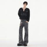 秋冬CleanFit美式复古皱褶牛仔裤高街潮牌拼接微喇直筒YA125-P50，男装牛仔裤，星座509