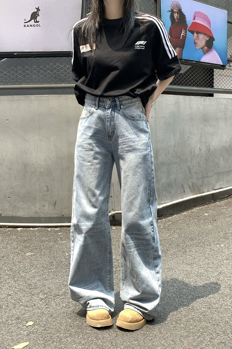 蓝色直筒牛仔裤男2026秋季新款猫须设计宽松阔腿长裤子YD9014-P75,男装牛仔裤,星座509