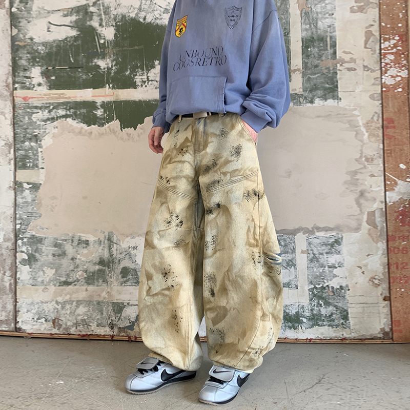 hiphop脏染做旧直筒牛仔裤男女高街宽松垂感拖地阔腿裤YD9033-P80，男装牛仔裤，星座509