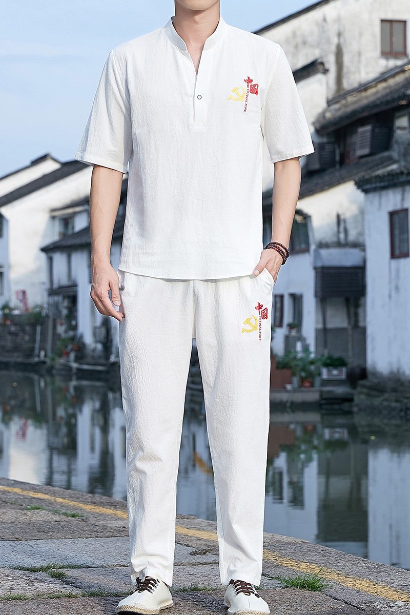 夏季短袖t恤男装套装风刺绣盘扣唐装宽松休闲两件套Y,男装T恤,星座509