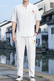 夏季短袖t恤男装套装风刺绣盘扣唐装宽松休闲两件套Y，男装T恤，星座509