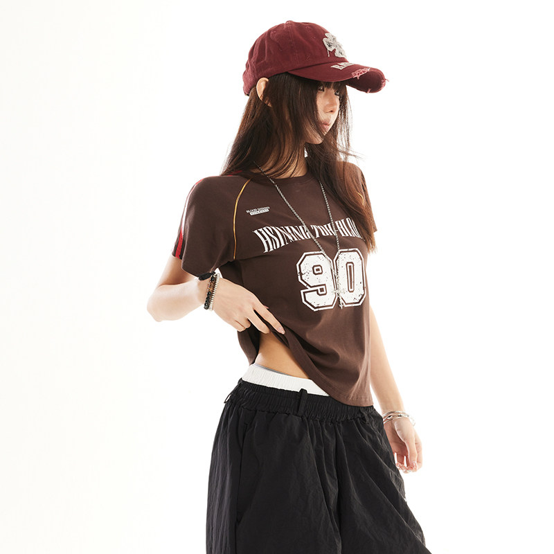 复古运动球衣2026夏季插肩短袖T恤女夏季正肩修身辣妹衣YD266-P35,男装T恤,星座509