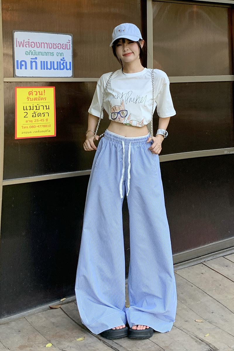 蓝色条纹阔腿裤男女薄慵懒风百搭高腰显瘦宽松休闲长裤YD9010-P55,男装休闲裤,星座509