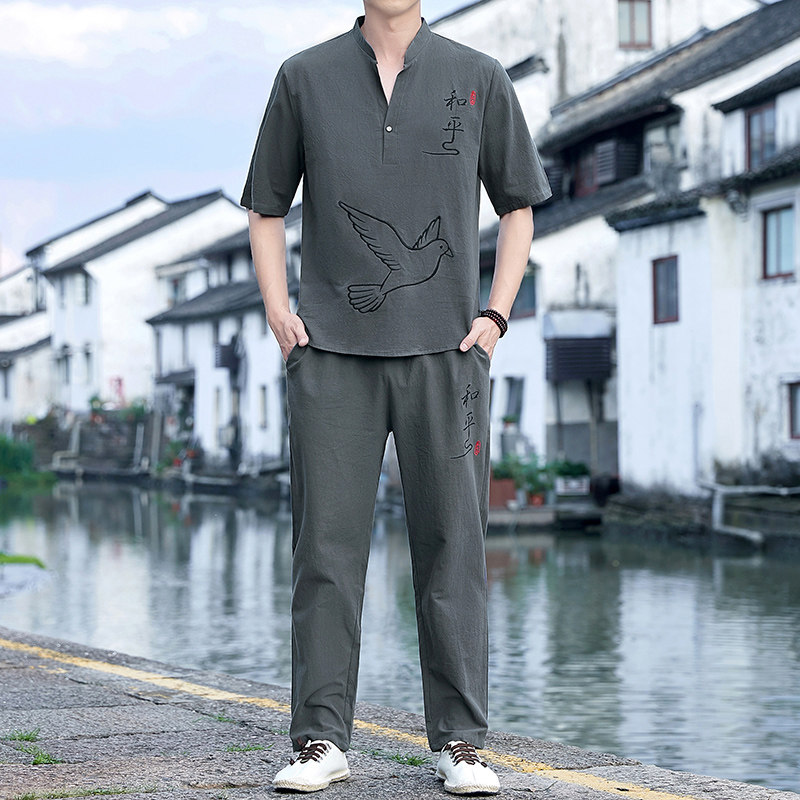 中国风短袖棉麻套装男夏季唐装剌绣复古大码盘扣两件套YK513-P50,男装T恤,星座509