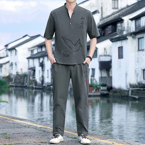 中国风短袖棉麻套装男夏季唐装剌绣复古大码盘扣两件套YK513-P50图片
