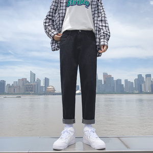 秋季牛仔裤男士潮牌宽松直筒网红九分长裤子男韩版潮流裤图片