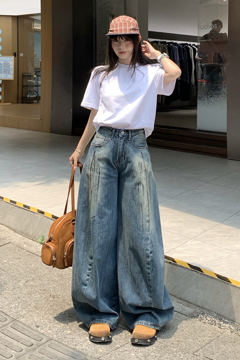 牛仔裤男女秋季美式复古脏染蓝宽松直筒弯刀阔腿长裤YD9011-P80,男装牛仔裤,星座509