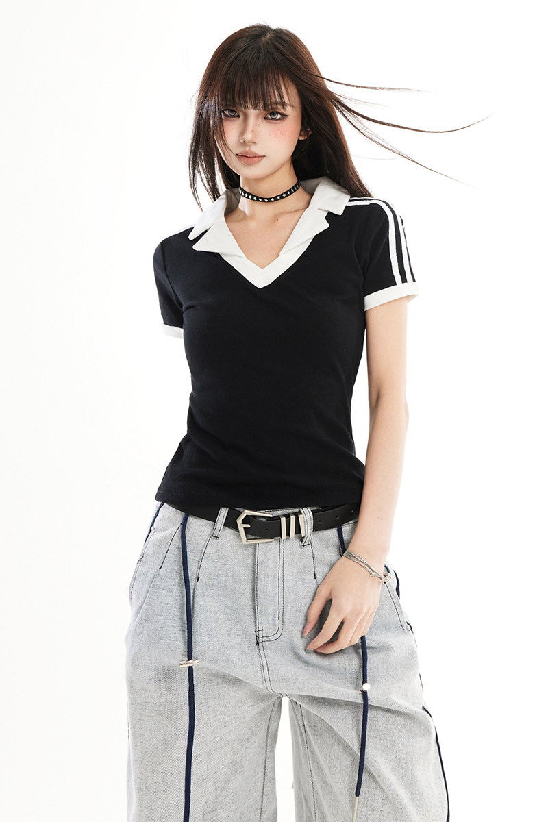 2026新款美式V领正肩短袖T恤女辣妹风修身收腰运动上衣YD263-P35,男装T恤,星座509