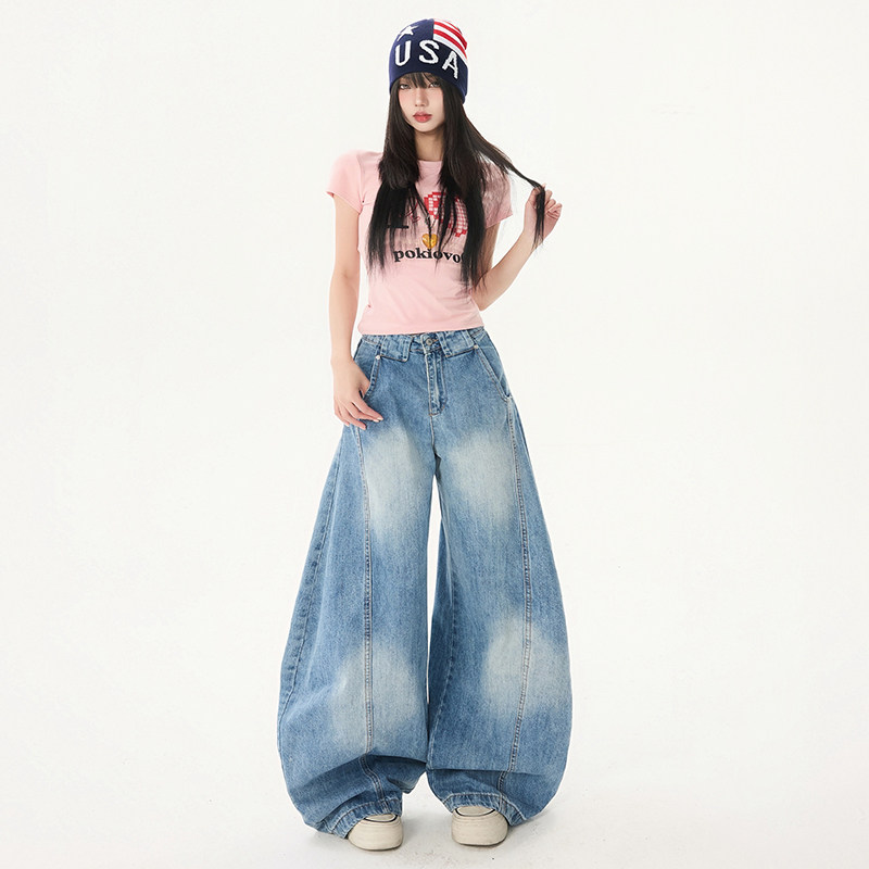美式高街牛仔弯刀裤女2025秋季水洗做旧直筒阔腿香蕉裤YD9006-P75,男装休闲裤,星座509