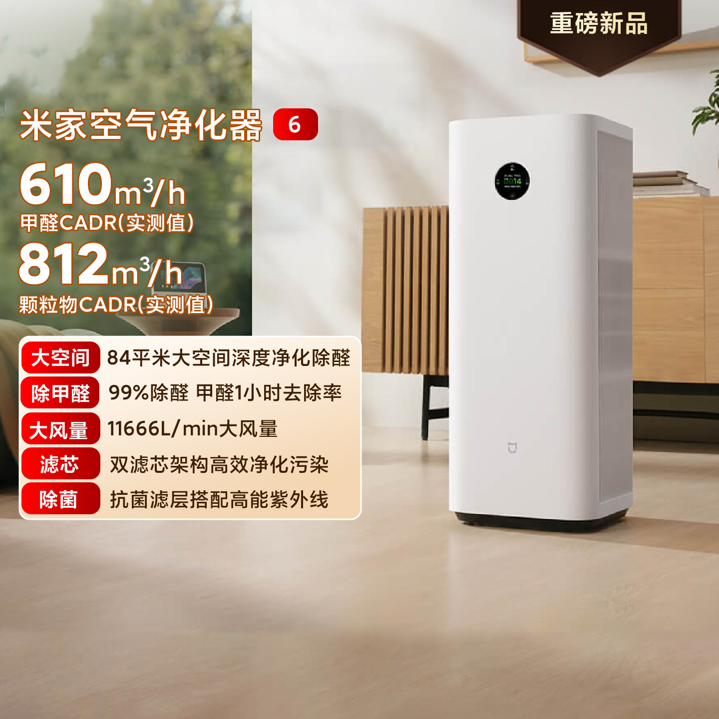 小米米家空气净化器6 家用智能除菌除甲醛除异味双滤芯低噪声母婴
