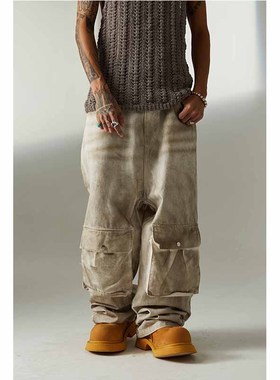 (部分断码特价）水洗做旧喷绘牛仔裤男宽松直筒阔腿拖地长裤子