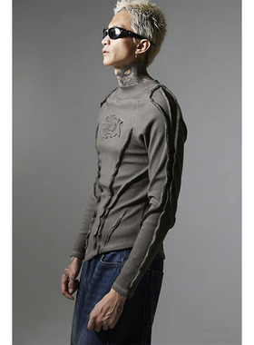 ATSF30 解构废土风紧身长袖T恤螺纹水洗做旧染色