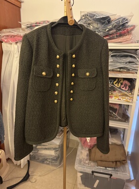 cel家军装风双排扣金扣绿色短款加厚毛呢短外套