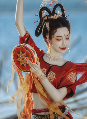 敦煌飞天手鼓古风道具铃鼓汉服儿童手持拍照鼓飘带鼓唐鼓舞蹈乐器