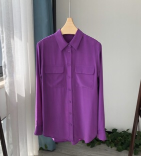 高饱和度真丝衬衣女士纯色双口袋休闲职场通勤上衣24春季新包邮