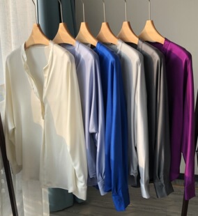 法式小众轻奢坠肩V领砂洗真丝缎面一片式气质优雅长袖衬衫24春