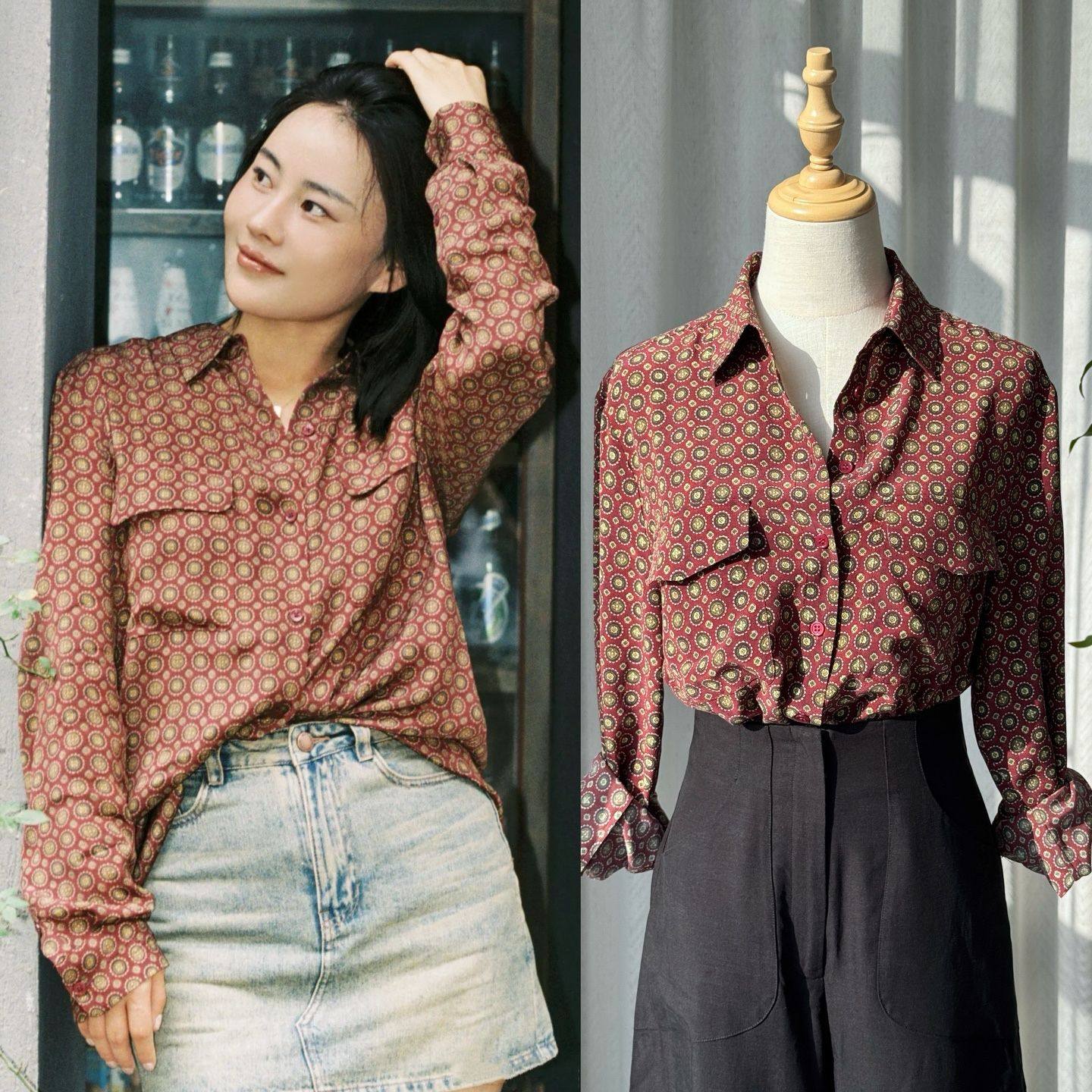 复古港风&middot;老钱金币印花砂洗真丝双口袋长袖衬衫2026春季新款包邮