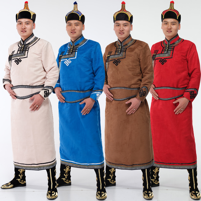 秋冬新款男士蒙古袍长款仿鹿皮绒蒙古服装生活装民族服装演出服装