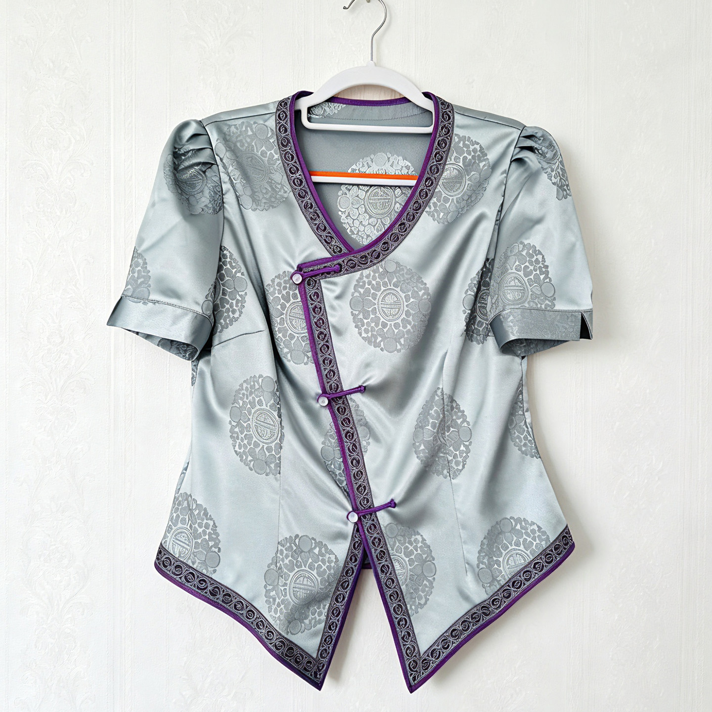 民族风修身V领短袖上衣蒙餐工作服衬衫夏季蒙古短袖生活装女新款