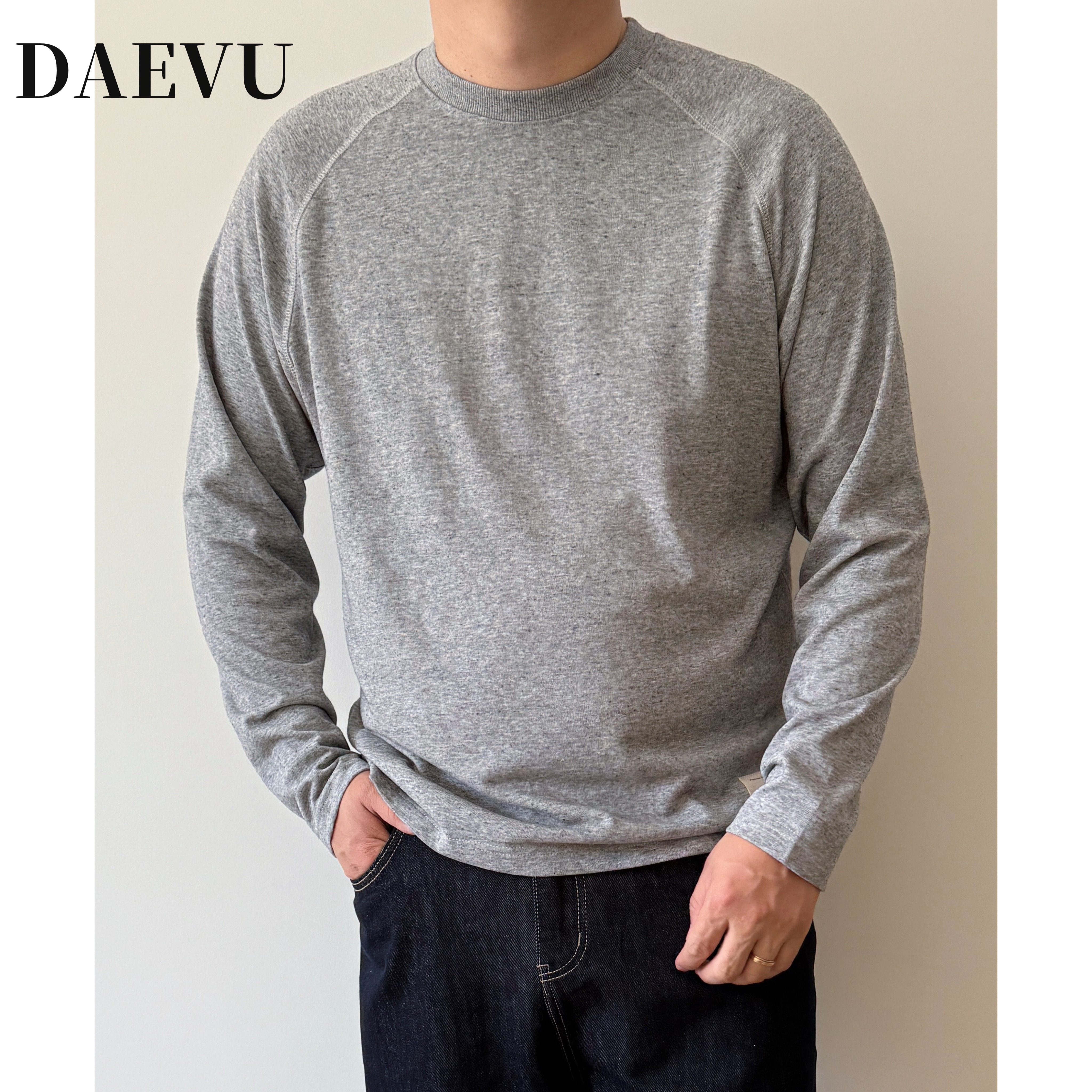 DAEVU大依无忧大码男装秋季花灰色插肩款长袖T恤 男款圆领休闲长T