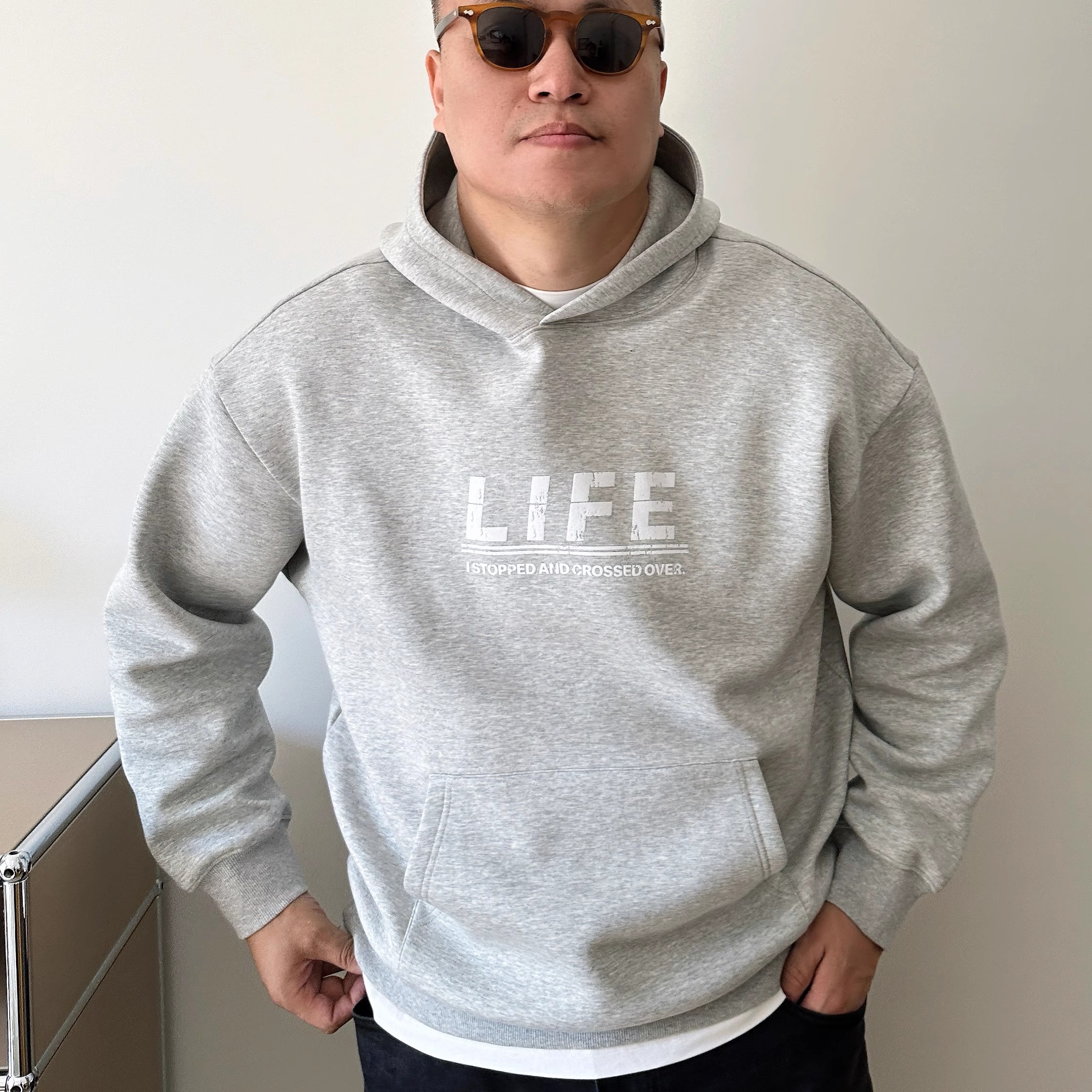 大依无忧大码男装冬季花灰廓版胖子加肥加大男款套头连帽加厚卫衣