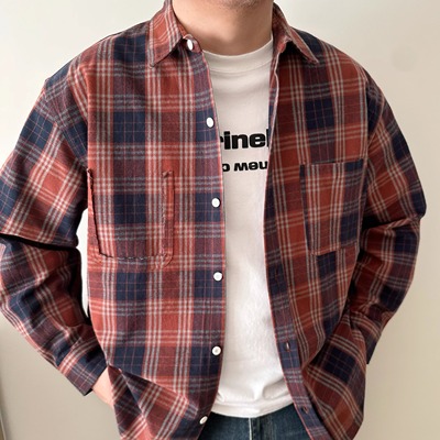 DAEVU大码男装春秋宽松红格子衬衫加肥加大男款长袖休闲衬衣外套