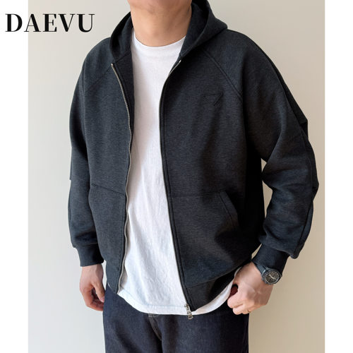 DAEVU春新款大码男装深灰潮胖子加肥加大男士连帽开衫卫衣外套