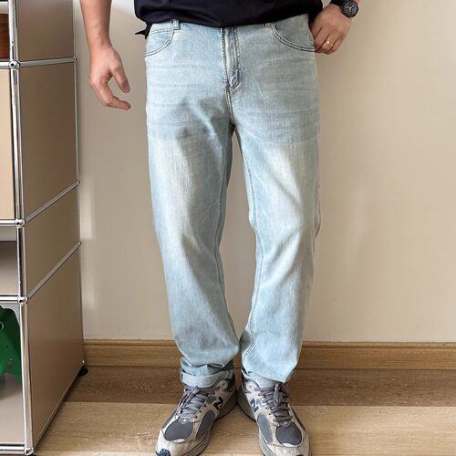 大依无忧大码男装夏季薄料浅蓝水洗弹力直筒加肥加大男士牛仔裤