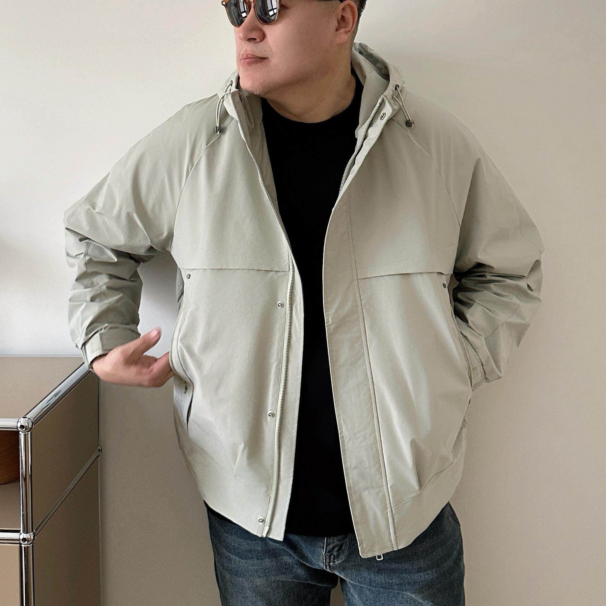 DAEVU大码男装春季廓版风衣浅灰色胖子加肥加大男款连帽夹克外套