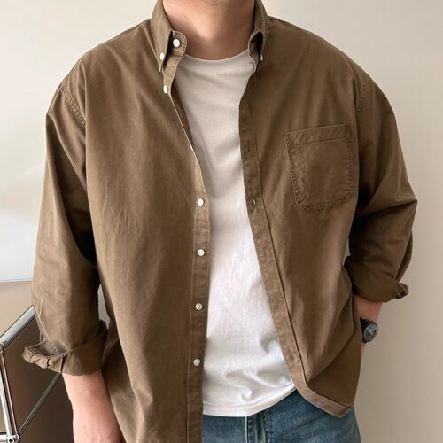 DAEVU大码男装春秋款棉布洗水衬衣加肥加大男士长袖休闲衬衫外套