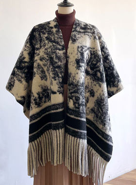 法式格子流苏斗篷外套女秋冬季小个子披肩外搭苏黎世围巾披风大衣