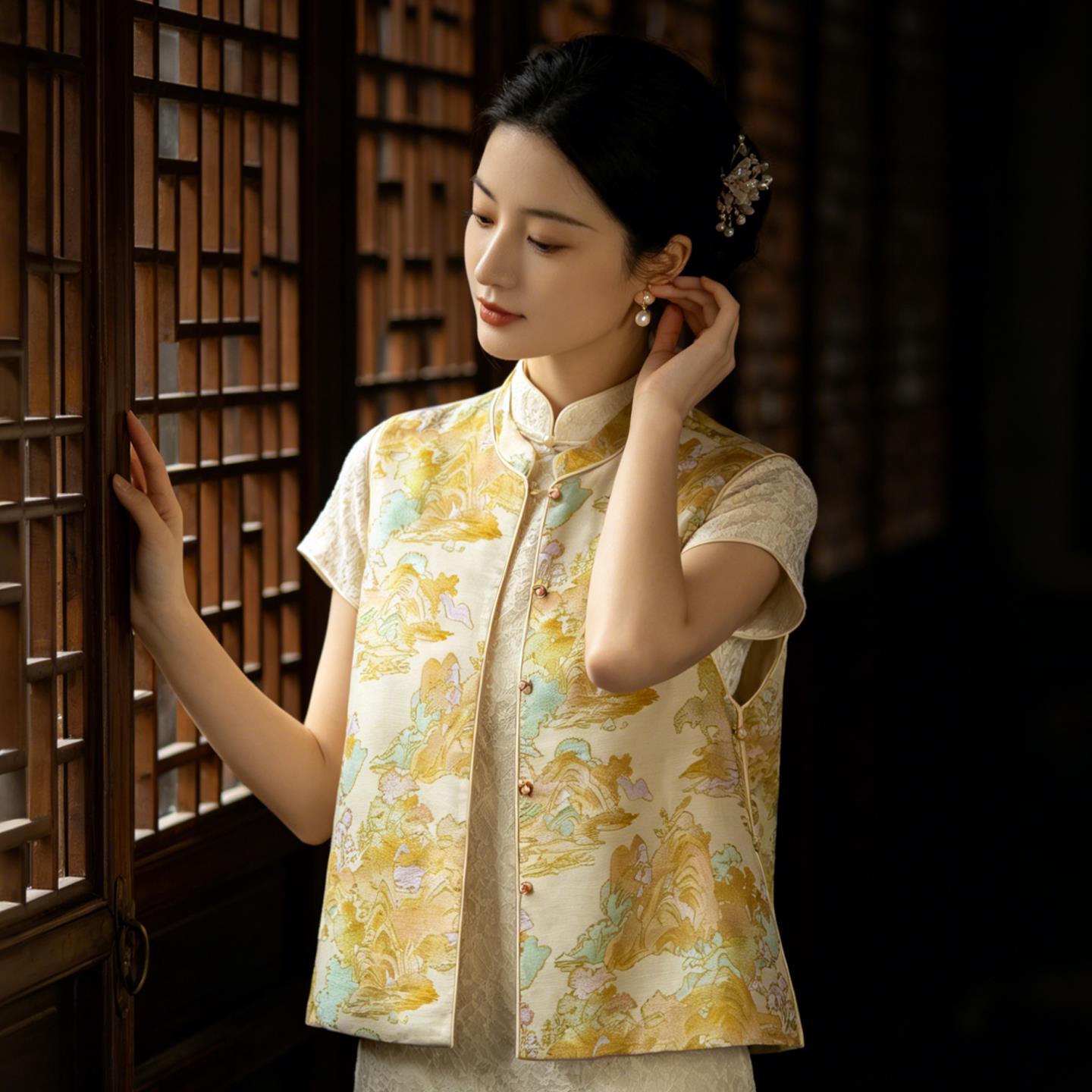 含桑蚕丝提花新中式马甲女2026春季复古中国风两面穿背心上衣女装