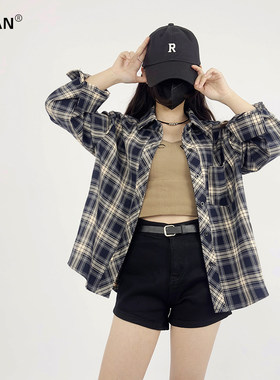 薇薇安 覆古格子衬衫女150小个子春秋外套开 衫外搭宽松长袖bf上