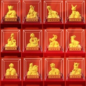 招财十二生肖摆件12生肖鼠牛虎兔龙蛇马羊猴鸡狗猪绒沙金工艺摆设