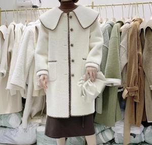 韩国东大门气质娃娃领长袖毛呢大衣女装中长款皮毛一体水貂绒外套