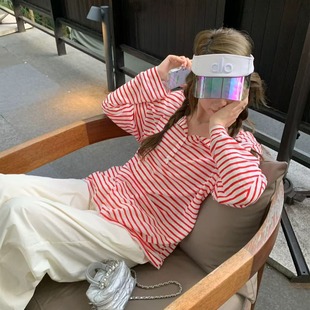 防曬長袖 im向 日常舒適區(qū)’垂感輕薄撞色上衣女夏薄款 條紋大版 tee