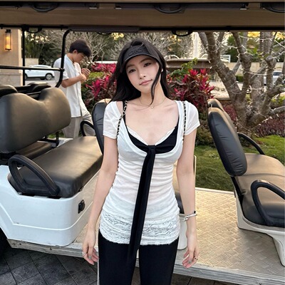 Wuu2sweet吴太甜 慵懒纯欲大U领t恤女夏季叠穿百搭修身上衣两件套