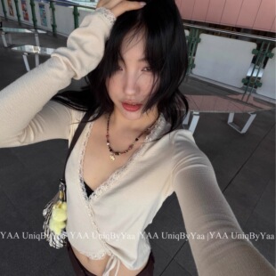 Dotyears  纯欲双色针织蕾丝花边拼接交叉绑带小开衫V领长袖T恤女