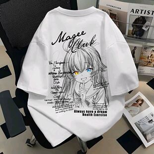 日系异瞳少女素描动漫短袖t恤男女夏季显瘦时尚宽松ins潮流上衣潮