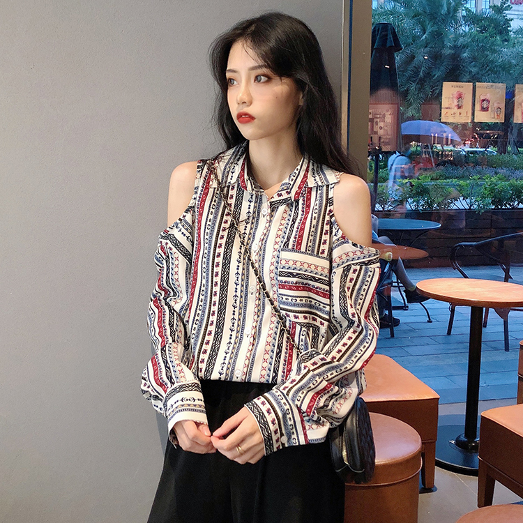 Real price off shoulder shirt STRIPE TOP long sleeve 2021 new Hong Kong Style loose medium length shirt